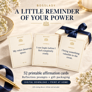 Bosslady printable affirmation cards in ivory, navy and gold, styled as an encouragement gift.