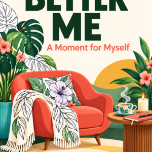 Better Me – A Moment for Myself adult coloring book cover with a coral chair, botanical plants and a cup of tea