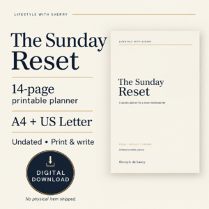 The Sunday Reset 14-page printable planner in A4 and US Letter, shown in cream, navy and gold.